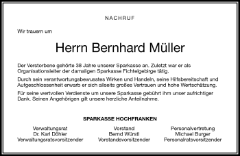 Traueranzeige von Bernhard Müller von Frankenpost