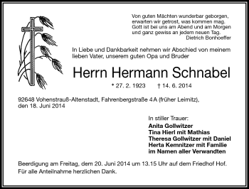 Traueranzeige von Hermann Schnabel von Frankenpost