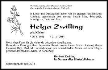Traueranzeige von Helga Zwilling von Südthüringer Presse