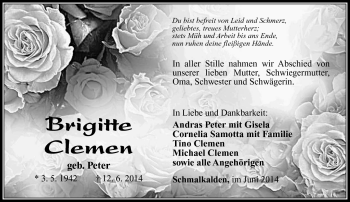 Traueranzeige von Brigitte Clemen von Südthüringer Presse