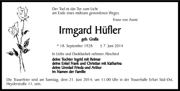 Traueranzeige von Irmgard Hüfler von Südthüringer Presse