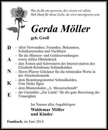 Traueranzeige von Gerda Möller von Südthüringer Presse