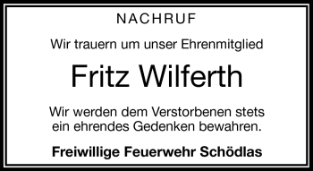 Traueranzeige von Fritz Wilferth von Frankenpost