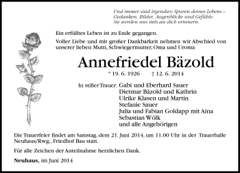 Traueranzeige von Annefriedel Bäzold von Südthüringer Presse