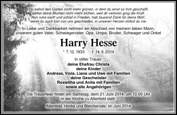 Traueranzeige von Harry Hesse von Südthüringer Presse