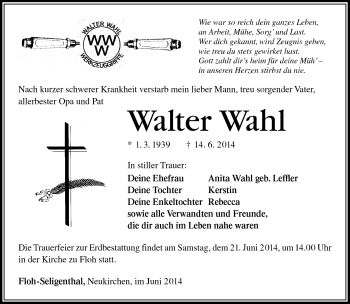 Traueranzeige von Walter Wahl von Südthüringer Presse