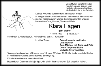 Traueranzeige von Klara Hagen von Frankenpost