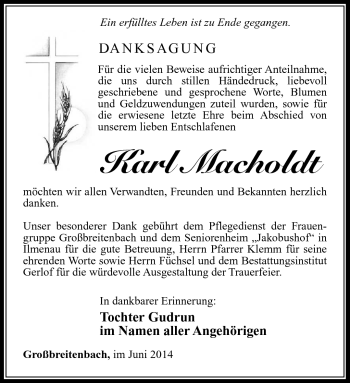 Traueranzeige von Karl Macholdt von Südthüringer Presse