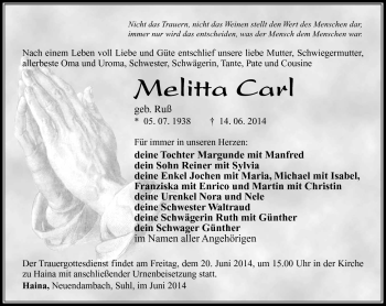 Traueranzeige von Melitta Carl von Südthüringer Presse