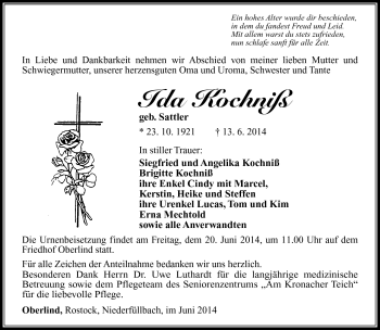 Traueranzeige von Ida Kochniß von Südthüringer Presse