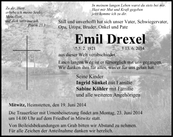 Traueranzeige von Emil Drexel von Neue Presse Coburg