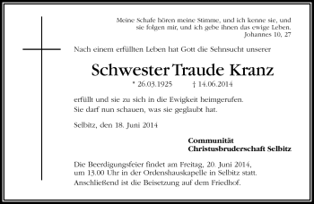 Traueranzeige von Traude Kranz von Frankenpost