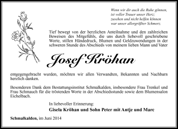 Traueranzeige von Josef Kröhan von Südthüringer Presse