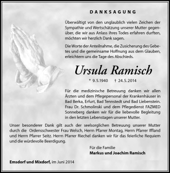 Traueranzeige von Ursula Ramisch von Südthüringer Presse