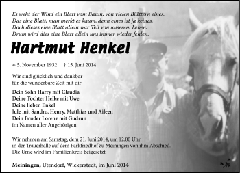 Traueranzeige von Hartmut Henkel von Südthüringer Presse