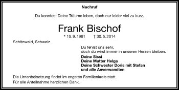 Traueranzeige von Frank Bischof von Frankenpost