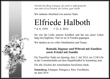 Traueranzeige von Elfriede Halboth von Südthüringer Presse