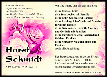Traueranzeige von Horst Schmidt von Südthüringer Presse