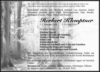 Traueranzeige von Herbert Klemptner von Südthüringer Presse