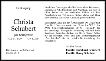 Traueranzeige von Christa Schubert von Südthüringer Presse