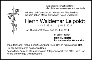 Traueranzeige von Waldemar Leipoldt von Frankenpost