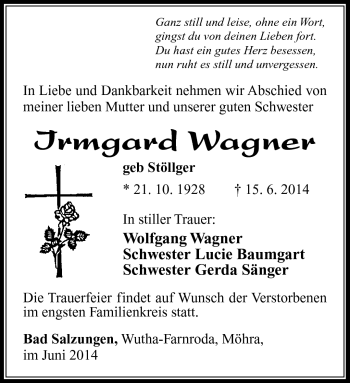 Traueranzeige von Irmgard Wagner von Südthüringer Presse
