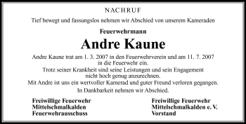 Traueranzeige von Andre Kaune von Südthüringer Presse