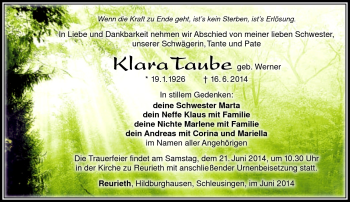Traueranzeige von Klara Taube von Südthüringer Presse