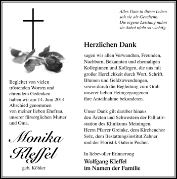 Traueranzeige von Monika Kleffel von Südthüringer Presse