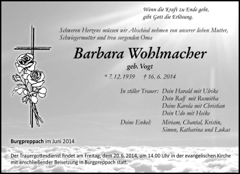 Traueranzeige von Barbara Wohlmacher von Neue Presse Coburg