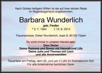 Traueranzeige von Barbara Wunderlich von Frankenpost
