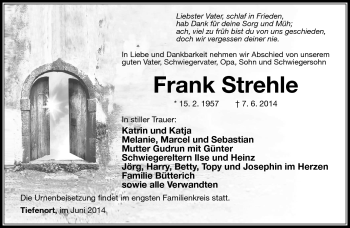 Traueranzeige von Frank Strehle von Südthüringer Presse