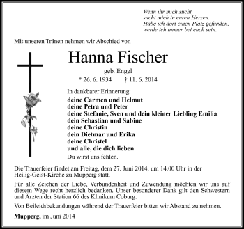Traueranzeige von Hanna Fischer von Südthüringer Presse
