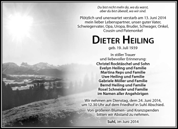 Traueranzeige von Dieter Heiling von Südthüringer Presse