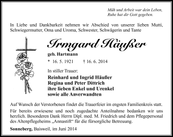 Traueranzeige von Irmgard Häußler von Südthüringer Presse