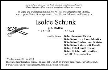 Traueranzeige von Isolde Schunk von Neue Presse Coburg