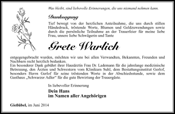 Traueranzeige von Grete Warlich von Südthüringer Presse