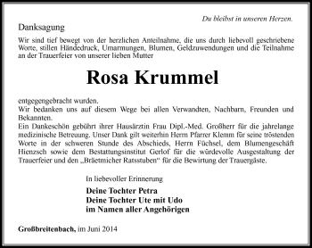 Traueranzeige von Rosa Krummel von Südthüringer Presse