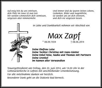 Traueranzeige von Max Zapf von Frankenpost