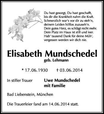 Traueranzeige von Elisabeth Mundschedel von Südthüringer Presse