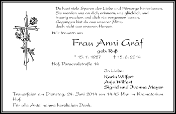 Traueranzeige von Anni Gräf von Frankenpost