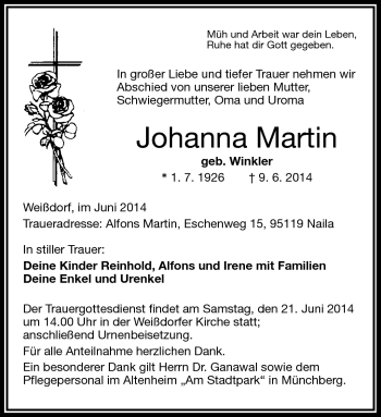 Traueranzeige von Johanna Martin von Frankenpost