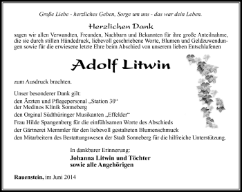 Traueranzeige von Adolf Litwin von Südthüringer Presse