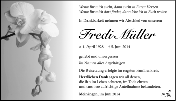 Traueranzeige von Fredi Müller von Südthüringer Presse