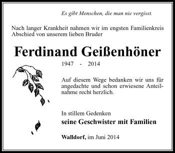 Traueranzeige von Ferdinand Geißenhöner von Südthüringer Presse
