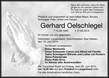 Traueranzeige von Gerhard Oelschlegel von Frankenpost