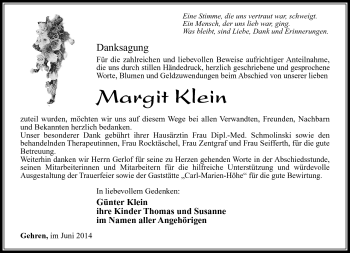 Traueranzeige von Margit Klein von Südthüringer Presse