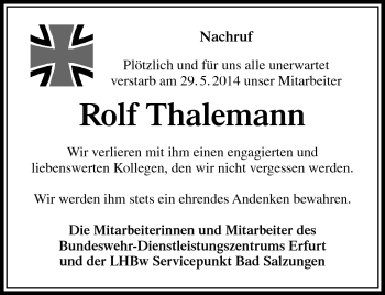 Traueranzeige von Rolf Thalemann von Südthüringer Presse