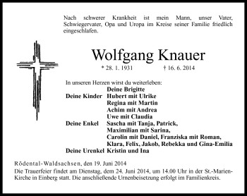 Traueranzeige von Wolfgang Knauer von Neue Presse Coburg