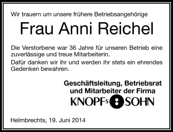 Traueranzeige von Anni Reichel von Frankenpost